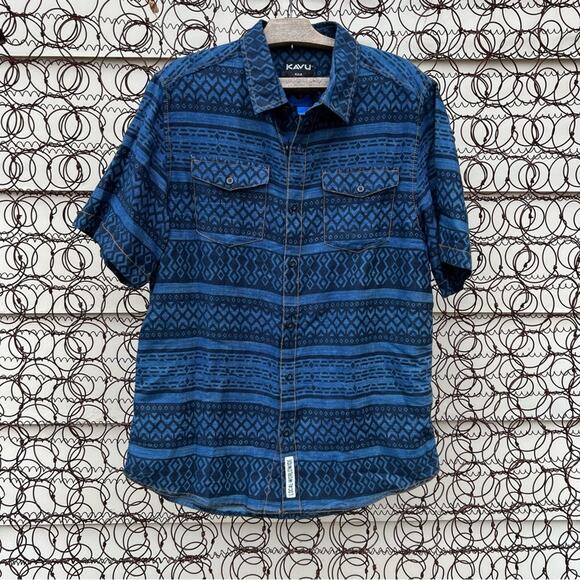 Kavu Navy black blue tribal Aztec stripe short sleeve button down shirt - Picture 1 of 6
